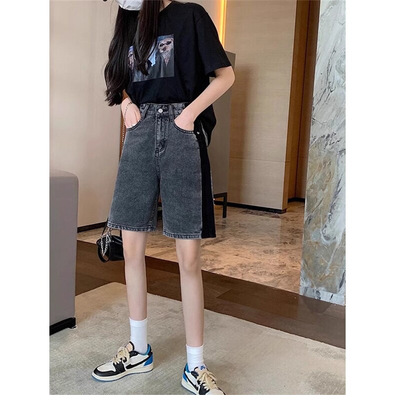 拼色牛仔短裤女夏拼接中裤高腰宽松显瘦阔腿五分裤2025年新款，女装牛仔裤，星座506A