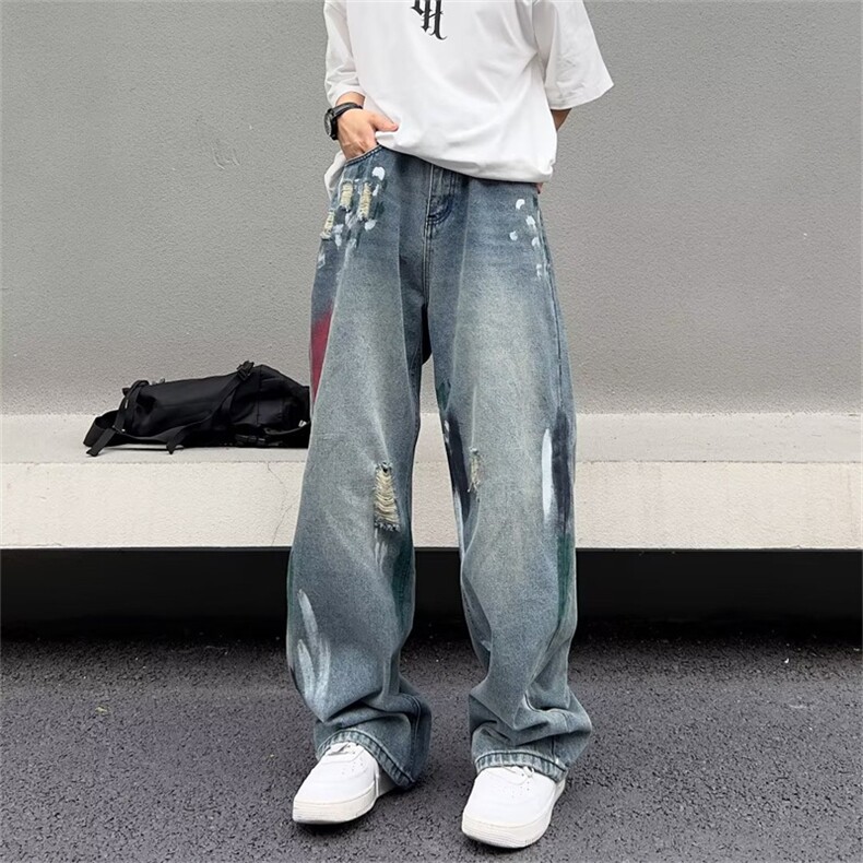 美式高街vibe裤子ins潮牌涂鸦直筒牛仔裤男hiphop破洞裤BN39-p45,男装牛仔裤,星座1008