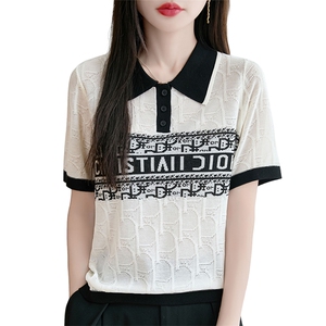时尚单品~天丝莱塞尔polo领字母提花短袖T恤女宽松翻领针织上衣图片