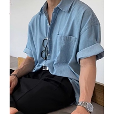 水洗复古牛仔衬衫男短袖青年休闲工装口袋蓝色衬衣夏季上衣C917，男装T恤，星座1116A（原606A-3）