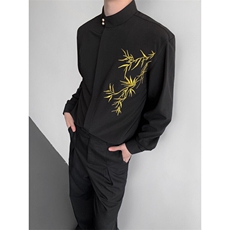 现货25秋冬新中式男士竹叶刺绣重工立领盘扣长袖衬衫cs186-p78，男装衬衫，电商B288