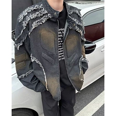 水洗毛边牛仔外套男春秋宽松做旧高级感立体浮雕夹克JN1239，男装夹克，星座1116A-1（原606A）