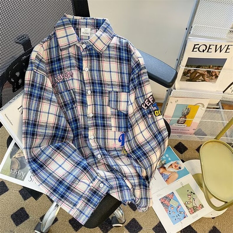高街潮刺绣字母格子长袖衬衫男春季高级感衬衫CS300P40,男装衬衫,星座1116-2