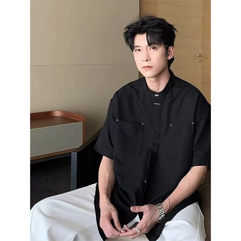 夏季高级痞帅垂感立领衬衫男潮牌短袖宽松弹力新中式时尚衬衣网图,男装衬衫,星座613