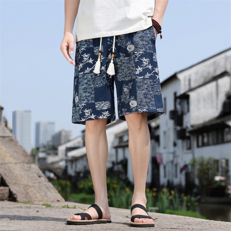 夏季亚麻棉麻印花风五分裤男宽松短裤个性A266-1-KZ773-P40图片