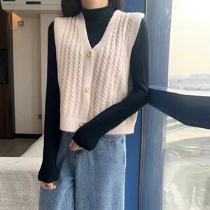 针织马甲背心女开衫短款2021秋季宽松v领复古麻花无袖外搭毛衣潮图片