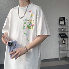 潮牌短袖T恤花绘刺绣设计感T恤美式复古条纹口袋短袖T恤半袖P48，男装T恤，电商B319