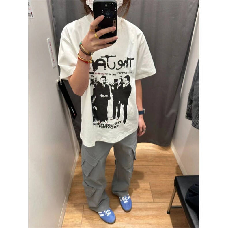 T0208-P25 美式复古人像剪影纯棉短袖 男女同款上衣宽松款潮图片