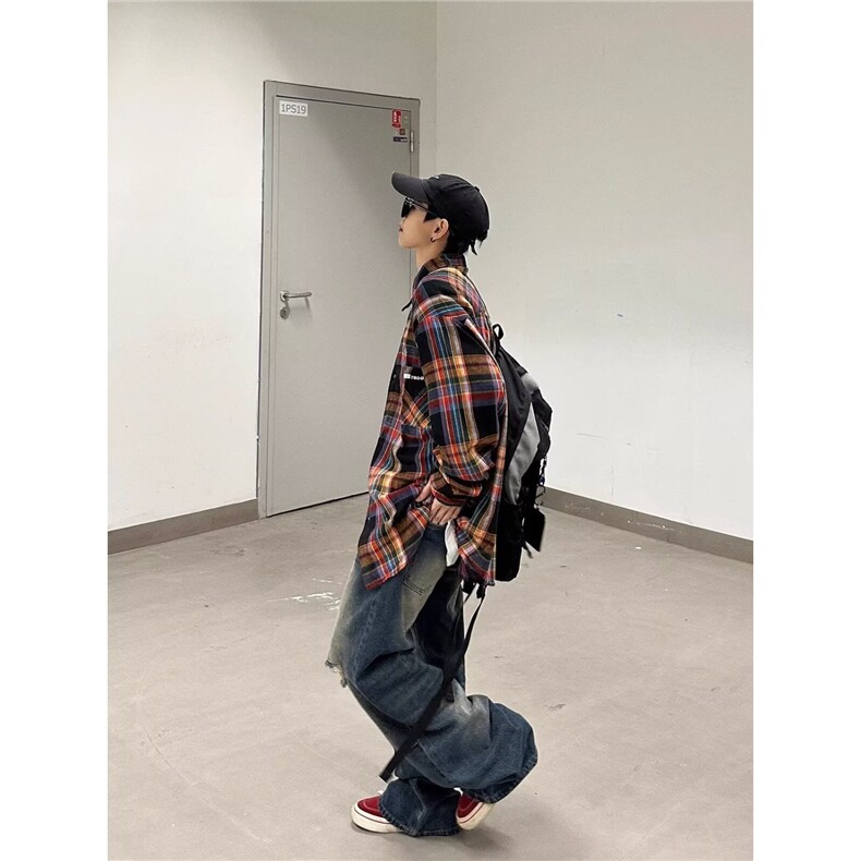复古撞色格子长袖衬衫男女休闲衬衣情侣衬衫外套1001-1-S304-P38,男装衬衫,星座1001-1