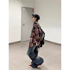 复古撞色格子长袖衬衫男女休闲衬衣情侣衬衫外套1001-1-S304-P38，男装衬衫，星座1001-1