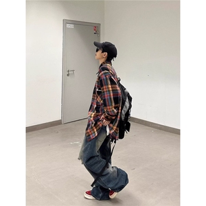 复古撞色格子长袖衬衫男女休闲衬衣情侣衬衫外套 1001-1-S304-P38图片