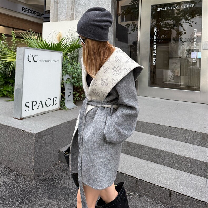 高级感老钱风宽松羊驼绒大衣女中长款秋冬新廓形羊绒连帽毛呢外套，女装双面呢大衣，蒙绒特