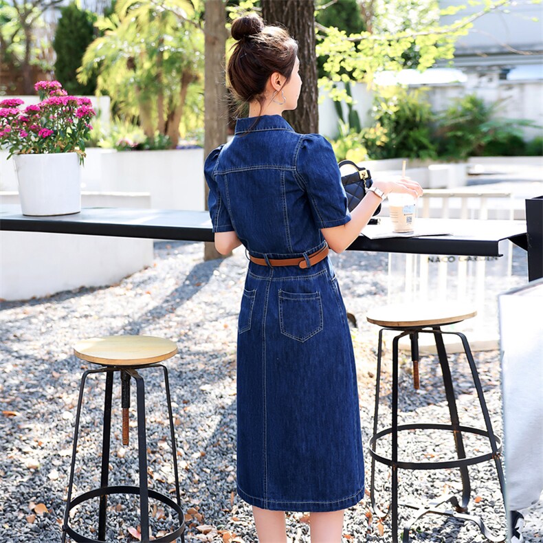 欧洲站牛仔连衣裙女2025年夏季新款气质高腰修身显瘦中长款衬衫裙，女装连衣裙，意芙