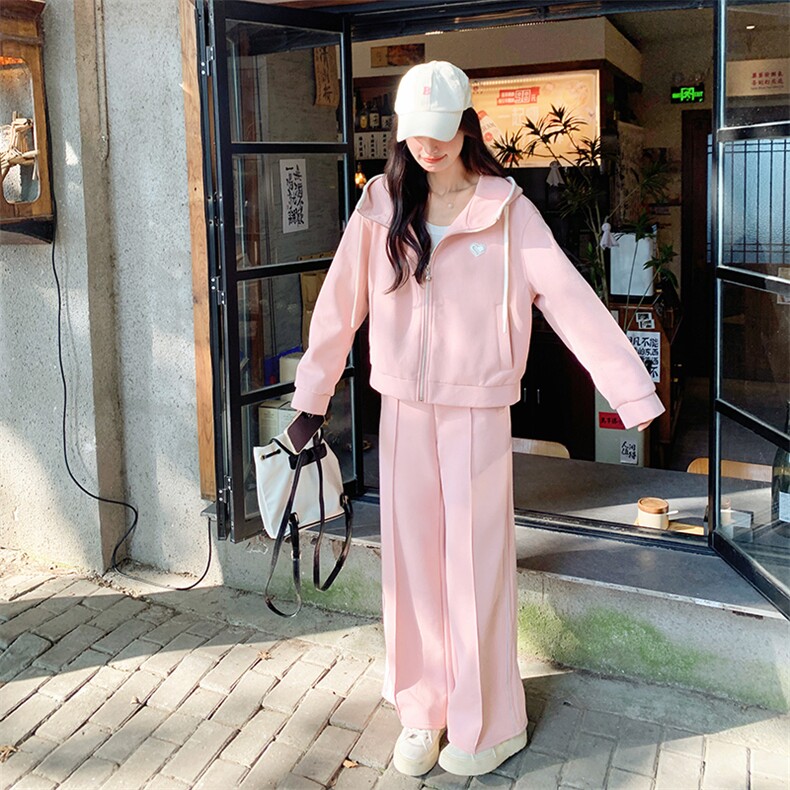 粉色盐甜系穿搭减龄显瘦连帽卫衣开衫套装女秋新款休闲长裤两件套,女装套装/套裙,2C010