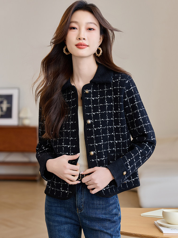 小香风格子短款外套女装2025春秋新款小个子休闲气质翻领开衫上衣,针织衫/毛衣,韩然一族