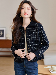 小香风格子短款外套女装2025春秋新款小个子休闲气质翻领开衫上衣图片