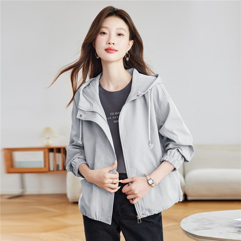 紫色短款连帽风衣外套女2025秋季新款小个子宽松百搭休闲夹克上衣,女装短外套,慕咨
