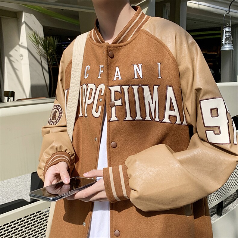 pu皮拼接棒球服男2023秋季潮牌字母夹克美复古休闲外套W3127-P51,男装夹克,星座412-3