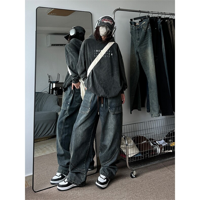 中性男女复古大口袋直筒牛仔裤宽松阔腿裤310A-2BK328P55控68，男装牛仔裤，星座310A-2