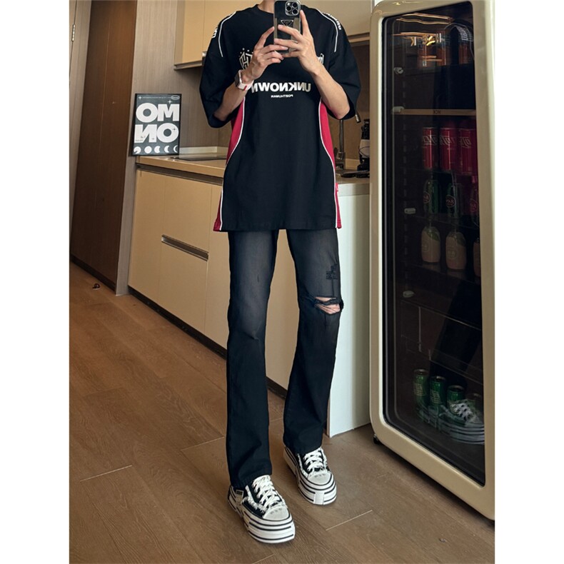 现货主推破洞弹力渐变大码直筒微喇毛边牛仔裤K860-K861-K866-P50,男装牛仔裤,星座205