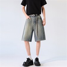 新款美式水洗渐变阔腿牛仔中裤夏季男宽松休闲XZ201-K507P45，男装休闲裤，星座201