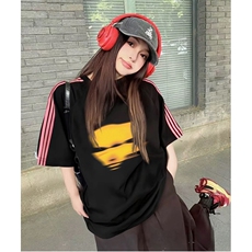 抖音得物品质二开240克宽松纯棉美式潮牌印花三条杠中性风短袖T恤，男装T恤，电商A486-1