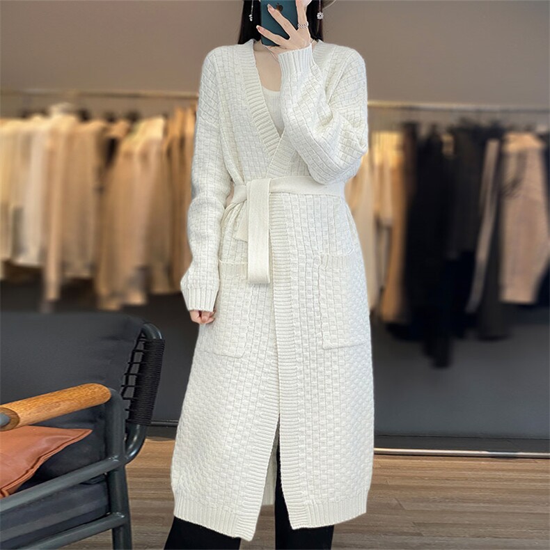 V领提花中长款100%纯羊毛开衫女系带腰带外套毛衣宽松羊绒衫外搭，女装羊毛衫，琳华羊绒