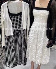 现货提花格子吊带裙?空调衫，女装背心吊带，东町