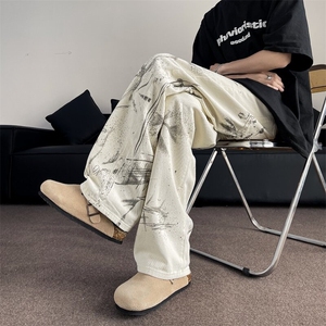 风涂鸦牛仔裤男设计感裤子潮牌高街宽松休闲阔腿裤图片