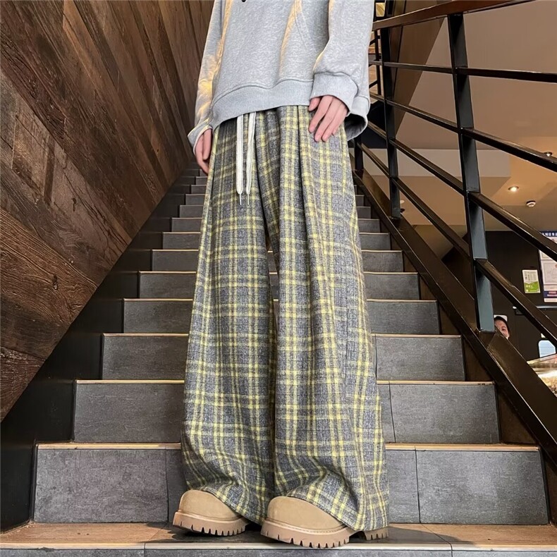 情侣小众宽松百搭格纹阔腿长裤CK1378-P61，男装休闲裤，星座313A-2
