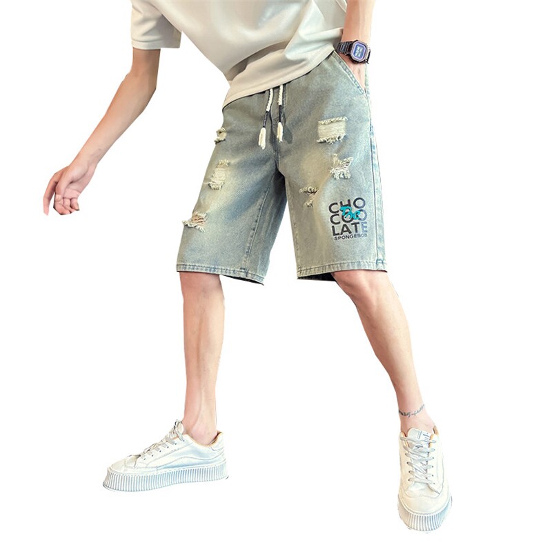 2025新款夏季水洗牛仔短裤男士破洞印花休闲五分裤潮男901N20P38,男装牛仔裤,星座901