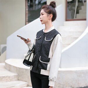 PU皮拼接假两件菱格棒球服女2022秋季新款时尚百搭纯色立领短外套图片