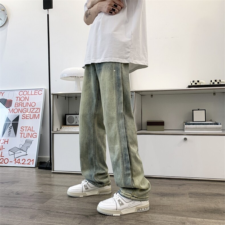 美式潮高街黄泥水洗牛仔裤男直筒宽松拼接休闲长裤N0724-P55,男装牛仔裤,星座308B-1