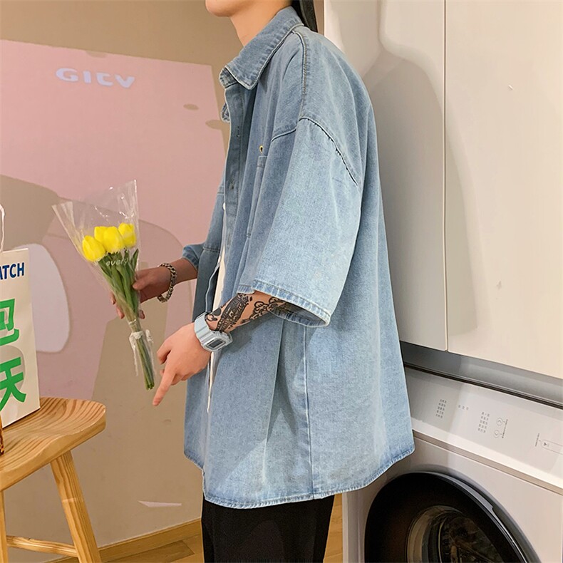 牛仔短袖衬衫男夏季港风痞帅外套ins韩版潮流宽松衬衣CN001-P40,男装衬衫,星座1008-1