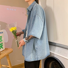 牛仔短袖衬衫男夏季港风痞帅外套ins韩版潮流宽松衬衣CN001-P40，男装衬衫，星座1008-1