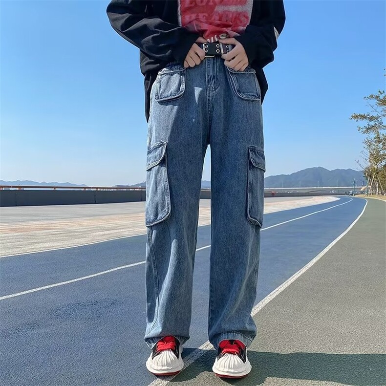 美式复古设计感口袋牛仔裤高街小众直筒阔腿工装裤XK8013P50图片