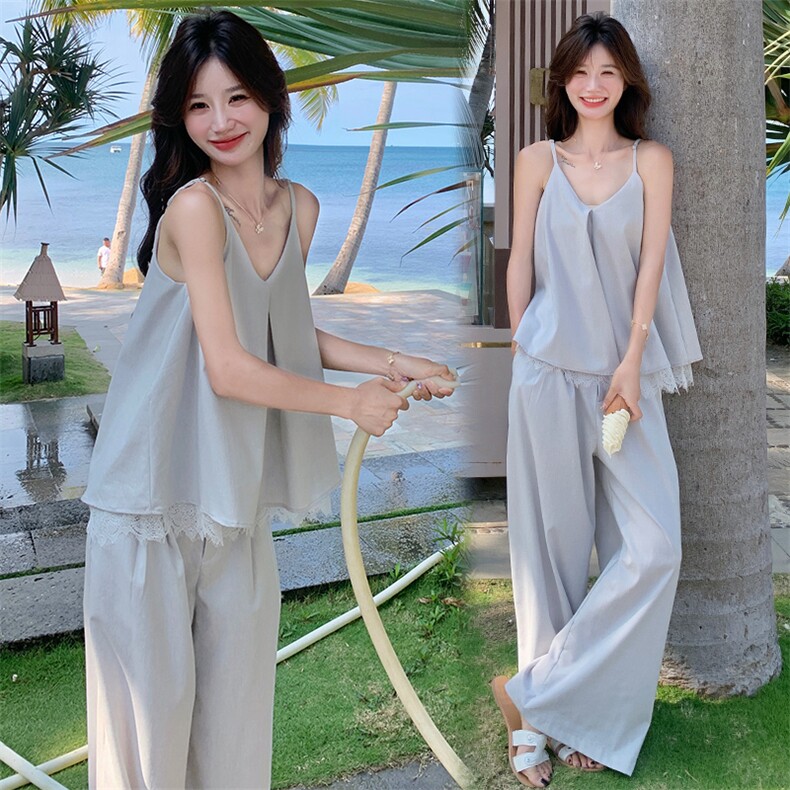 气质女神范蕾丝拼接露背吊带上衣阔腿裤套装两件套女夏法式温柔风,女装套装/套裙,纯色衣恋
