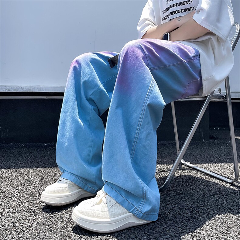 美式街头水洗做旧彩虹牛仔裤男欧美高街vibe风长裤子N818-P53图片