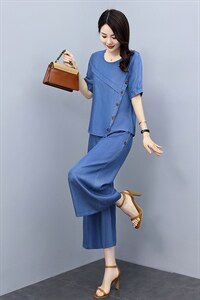 小个子天丝阔腿裤套装女2025年夏季新款气质显瘦休闲牛仔两件套潮图片