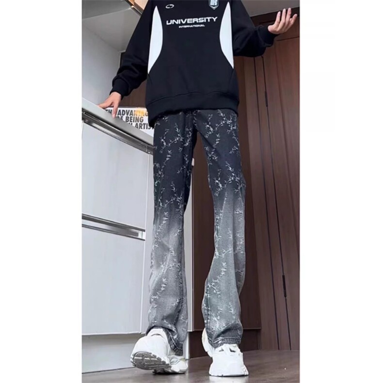 美式高街黑色渐变满印提花牛仔裤男款cleanfit裤子直筒修身微喇裤,男装牛仔裤,四季星座505