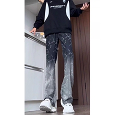 美式高街黑色渐变满印提花牛仔裤男款cleanfit裤子直筒修身微喇裤，男装牛仔裤，四季星座505