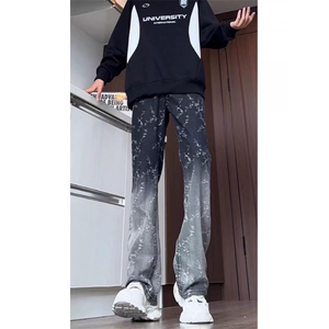 美式高街黑色渐变满印提花牛仔裤男款cleanfit裤子直筒修身微喇裤图片