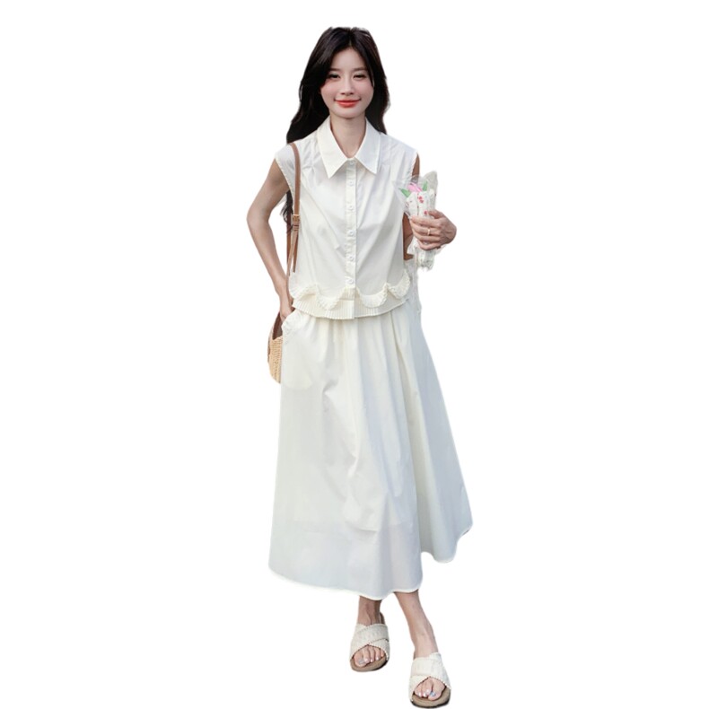 木耳边无袖白色背心上衣阔腿裤套装女夏巨好看流行两件套韩系爆款,女装套装/套裙,2C135