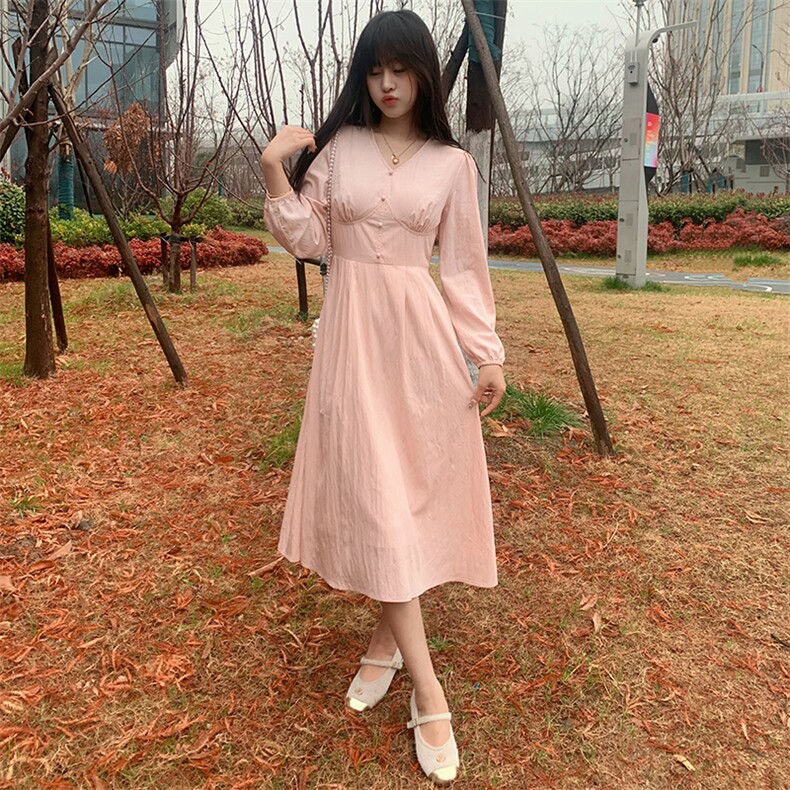 现货2024年春季新款女时尚淑女V领修身网红中长款连衣裙,女装连衣裙,煊芮熙