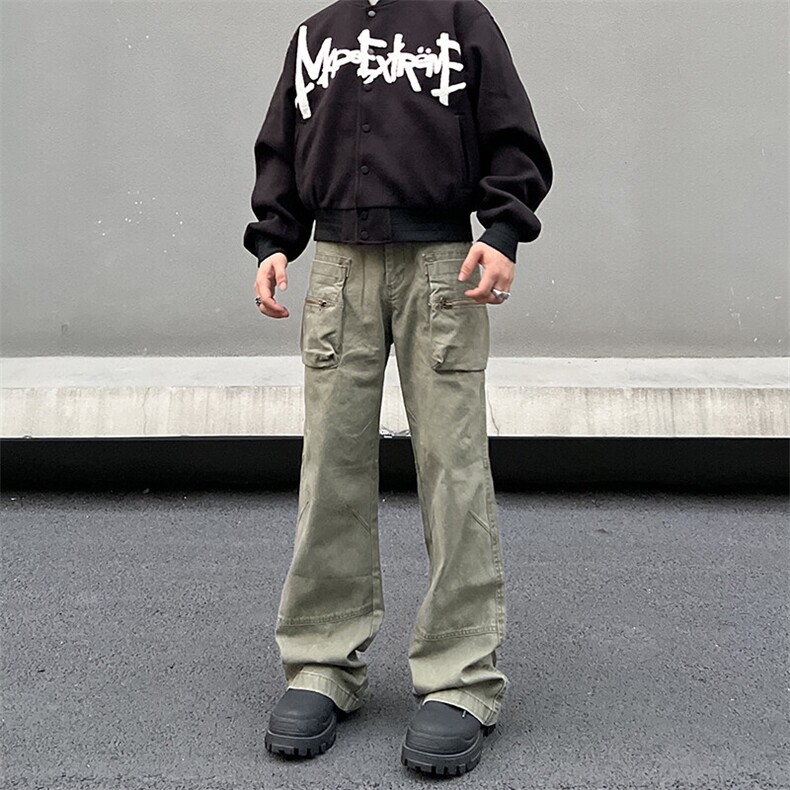 W10062-P58网图现货美式复古设计感微喇工装裤多口袋直筒休闲裤，男装工装外套，星座1608-2