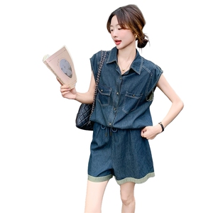 2025年新款韩版时尚设计感套装女夏季牛仔马甲背心高腰短裤两件套图片