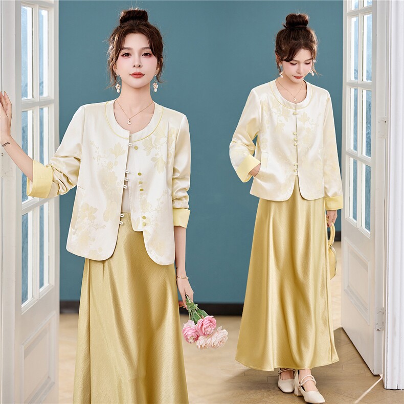 新中式G风套装女2026春新款优雅时尚复古盘扣刺绣文艺范两件套裙，女装套装/套裙，时尚俏佳人