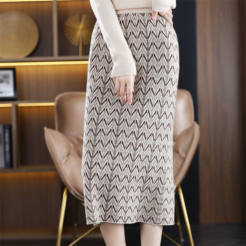 羊毛半身裙女秋冬季中长款高腰开叉针织羊绒通勤打底包臀裙，女装半身裙，暖思雅