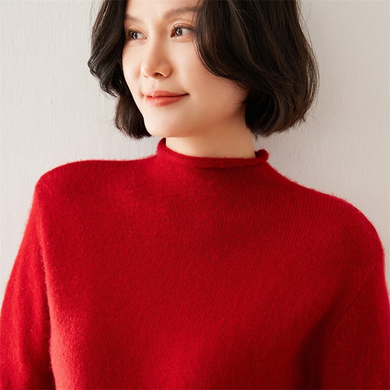 2024秋季新款女士半高领长袖短款套头衫休闲百搭35%羊绒衫,女装羊绒衫,澳煜绒
