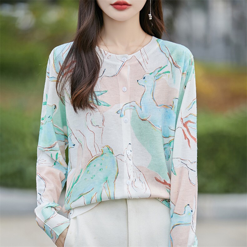 高级感小香风印花精纺羊毛针织开衫女圆领2024薄款防晒上衣空调衫,女装羊毛衫,朝贺羊绒